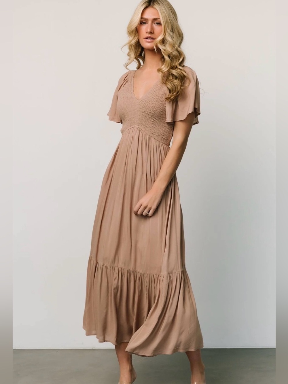Balticborn V-Neck Flutter Sleeve Maxi Dress in tan NWT Size S